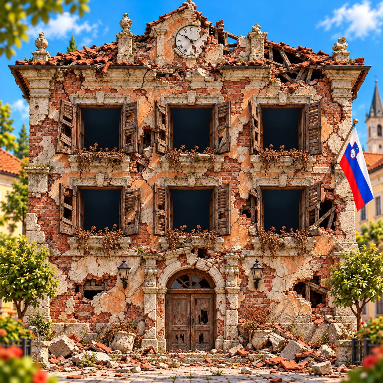 Močno porušena občinska hiša, ki jo med igro obnavljamo
